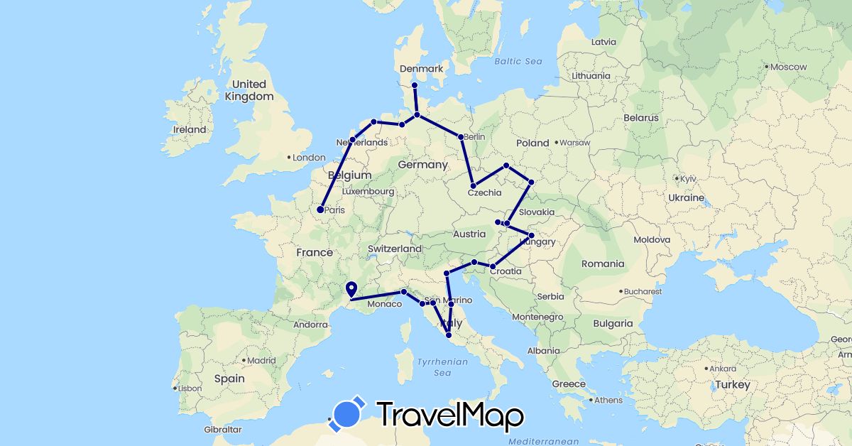 TravelMap itinerary: driving in Austria, Czech Republic, Germany, Denmark, France, Croatia, Hungary, Italy, Netherlands, Poland, Slovenia, Slovakia (Europe)